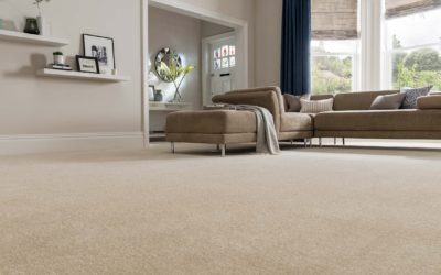 A living room with beige carpet and brown furniture.