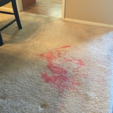 A red stain on the floor of a home.